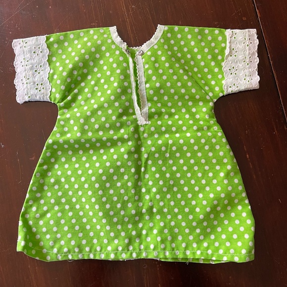 Vintage Baby Dress Green Polka Dot with Lace Trim Handmade 70’s Peasant - Picture 2 of 5